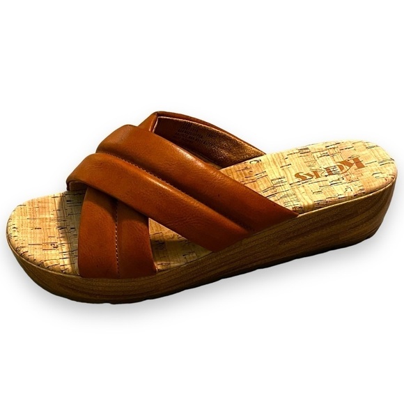 Korks Faithe Slide Platform Wedge Sandals Faux Leather Open Toe Tan slipon SZ 11 - Picture 2 of 12
